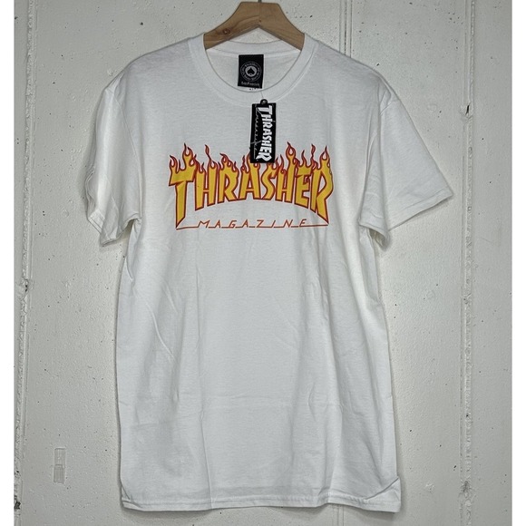 THRASHER Magazine Size M Short Sleeve Crew T Shirt White Orange Yellow Flame NEW - Picture 1 of 5